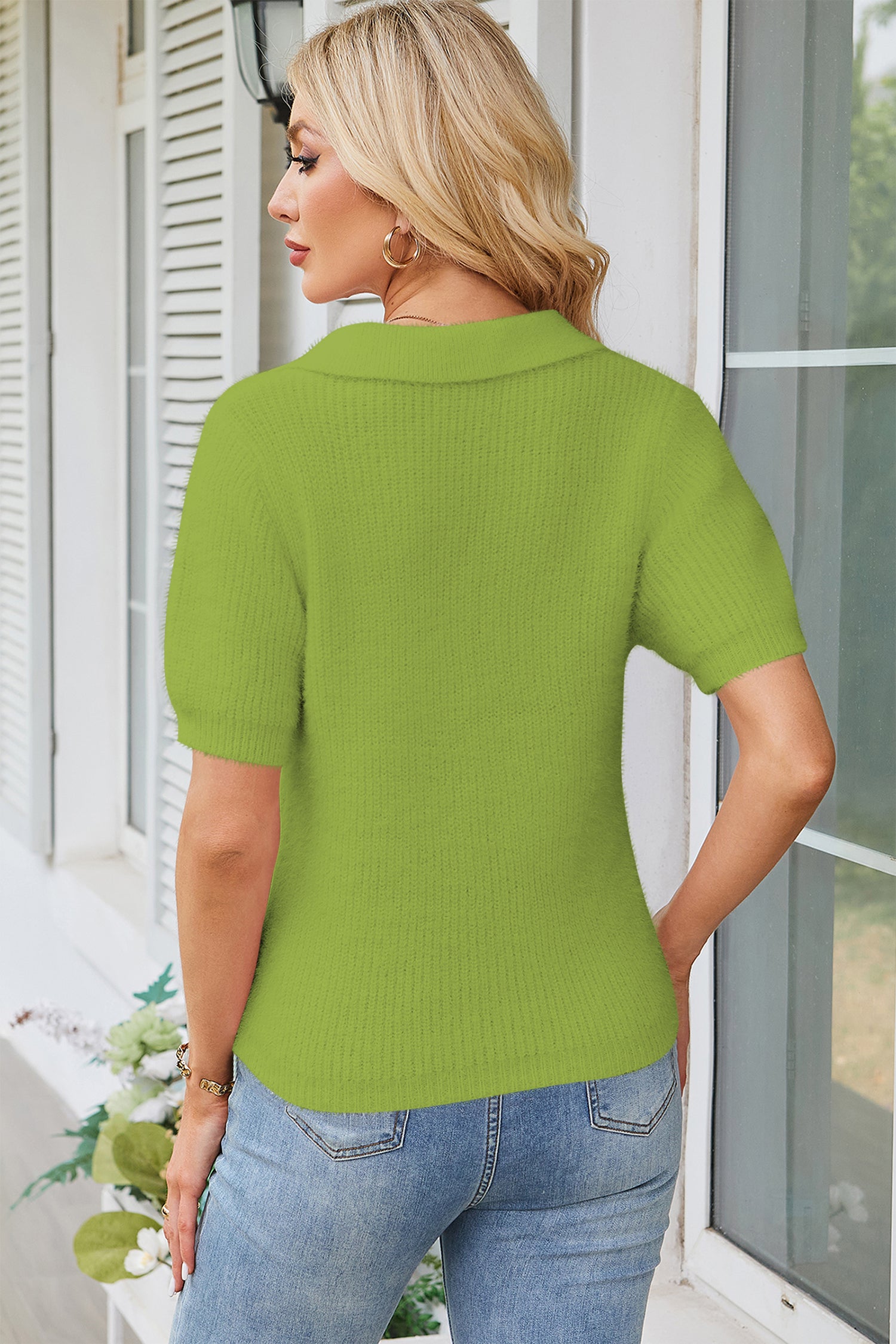 Cakulo Womens Fuzzy Cropped Short Sleeve V Neck Fall Sweaters Polo Collared Knit Pullover Sweater