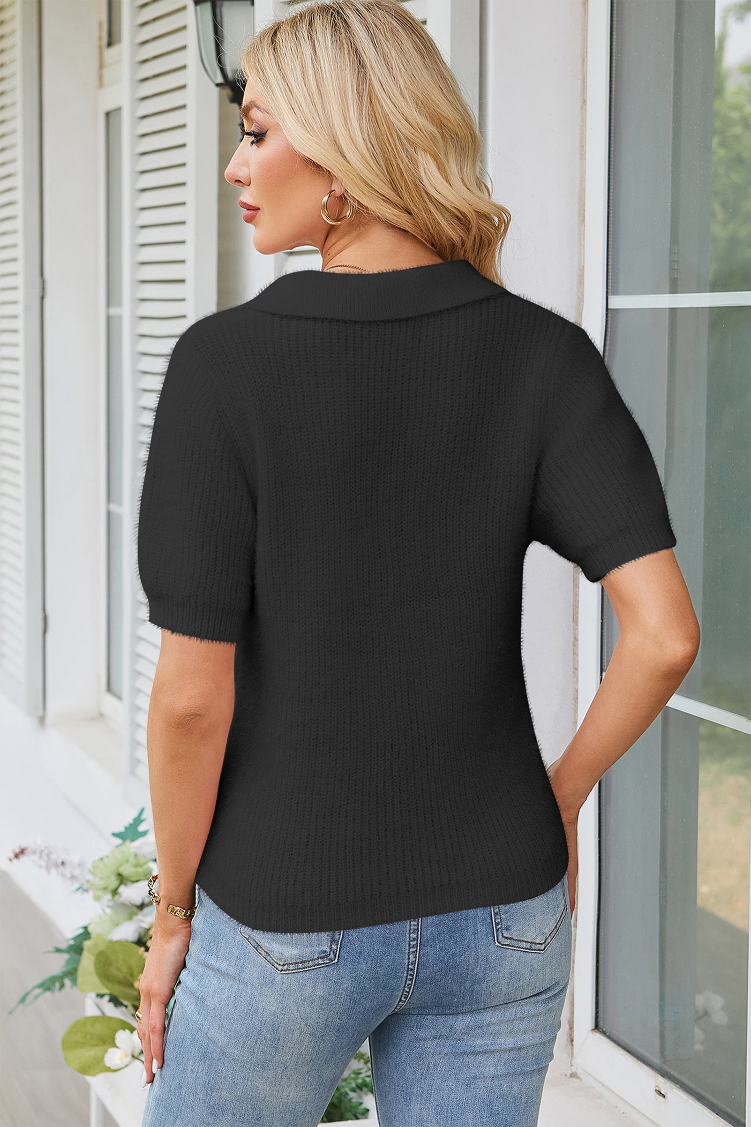 Cakulo Womens Fuzzy Cropped Short Sleeve V Neck Fall Sweaters Polo Collared Knit Pullover Sweater