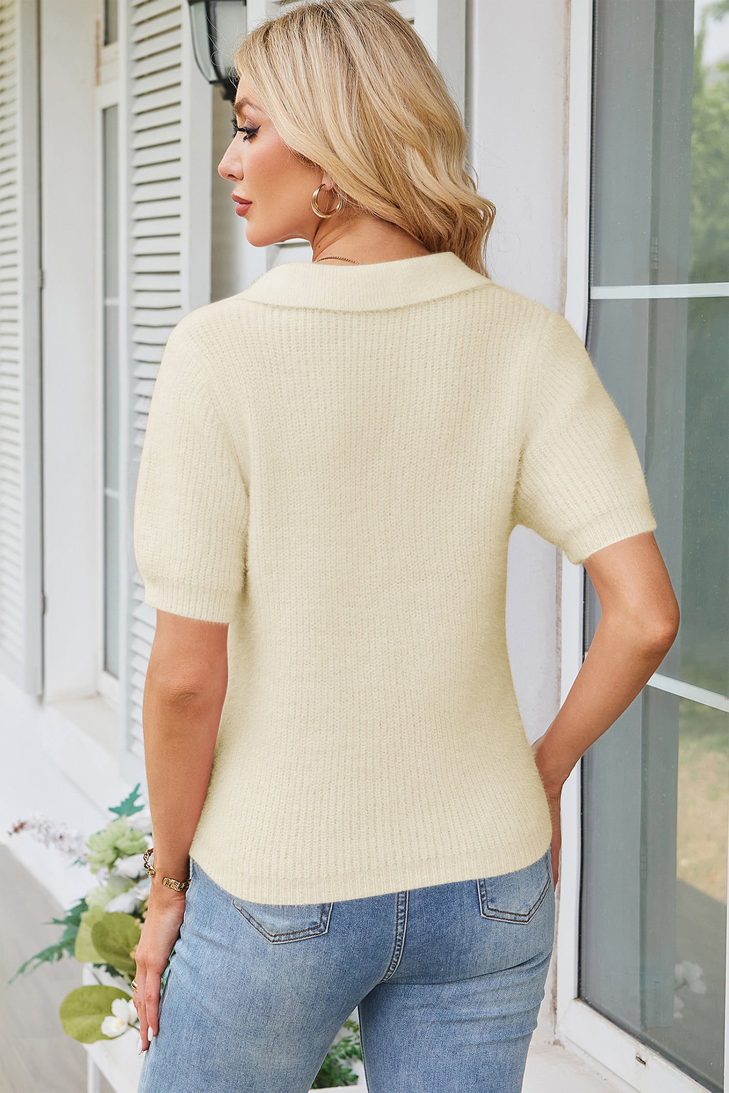 Cakulo Womens Fuzzy Cropped Short Sleeve V Neck Fall Sweaters Polo Collared Knit Pullover Sweater