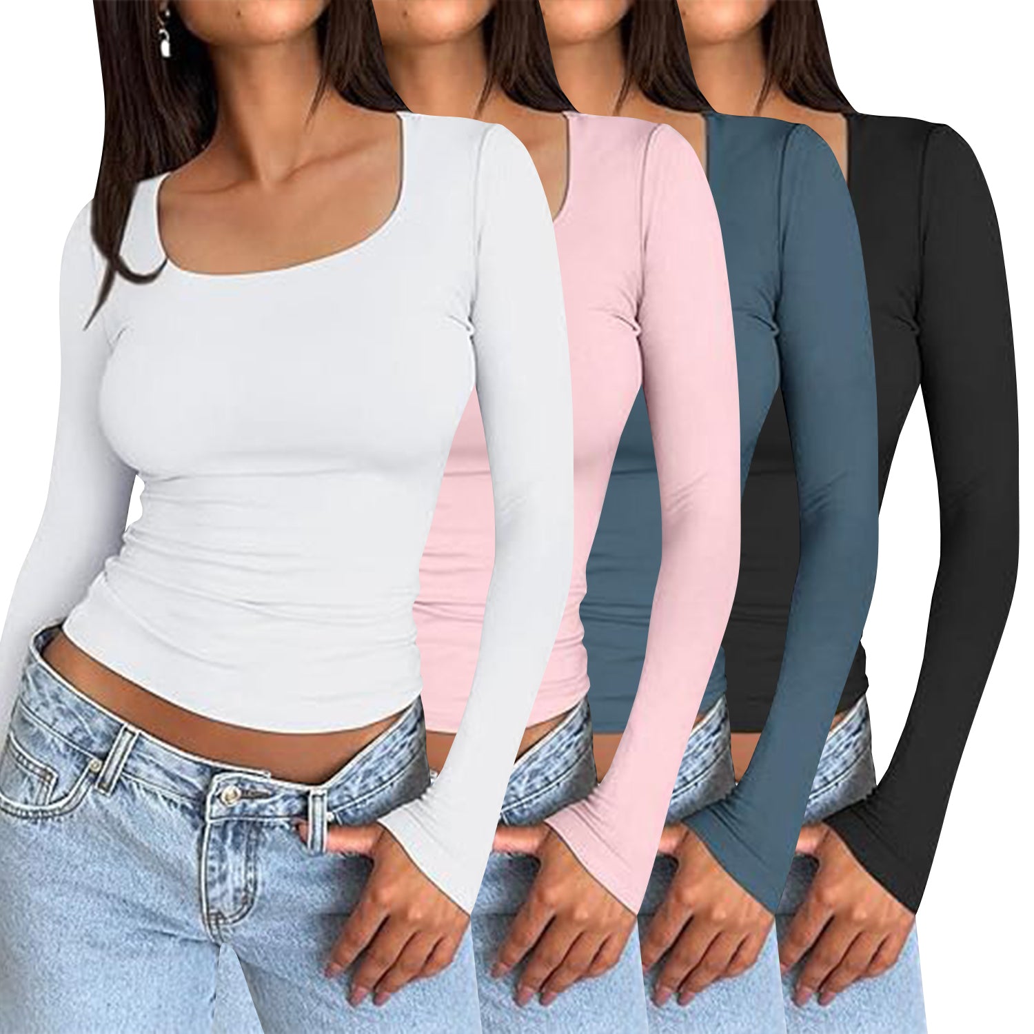Cakulo Women's 4-Pack Long Sleeve Crop Tops Y2K Casual Streetwear