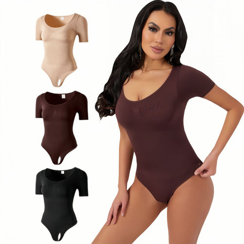 Cakulo Butt-Lifting Waist-Cinching Seamless Short-Sleeve Thong Shapewear Bodysuit