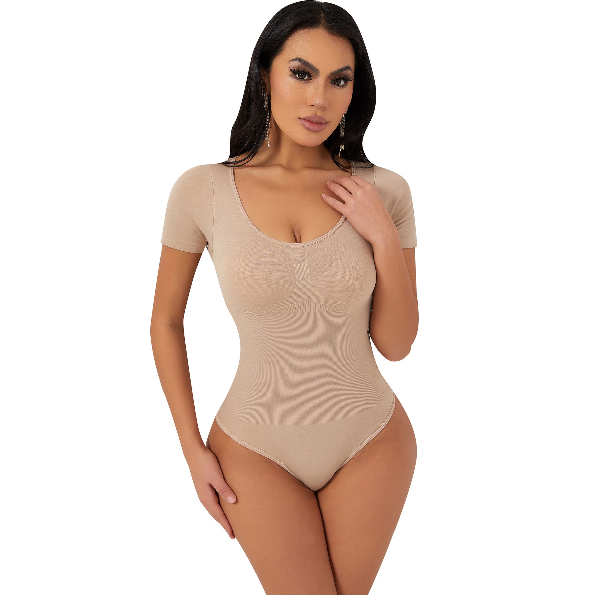Cakulo Butt-Lifting Waist-Cinching Seamless Short-Sleeve Thong Shapewear Bodysuit
