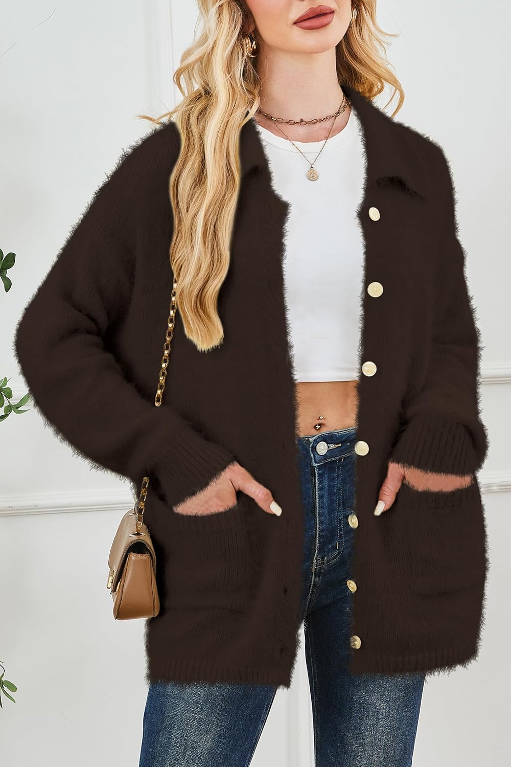 Cakulo Womens Oversized Fuzzy Collared Cardigan with Pockets for Fall/Winter