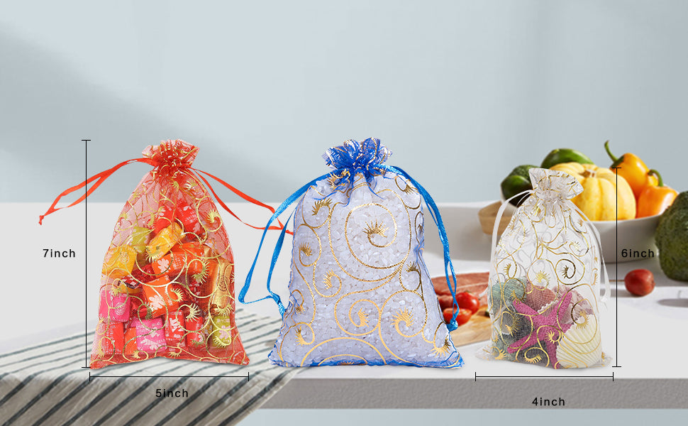 Cakulo 100PCS 4x6 Organza Mesh Bags: Drawstring Sheer Pouches for Jewelry/Wedding Gifts