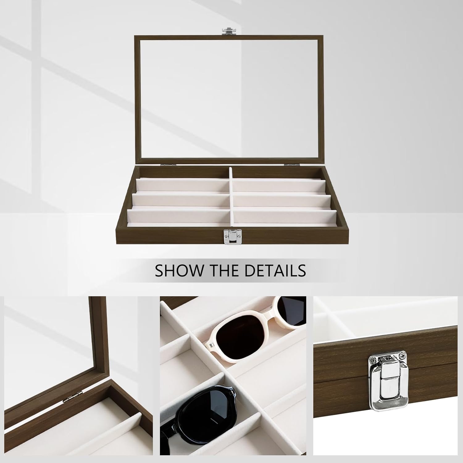 Cakulo Wooden Jewelry Sunglasses Organizer Vintage Tray with Lid for Watches