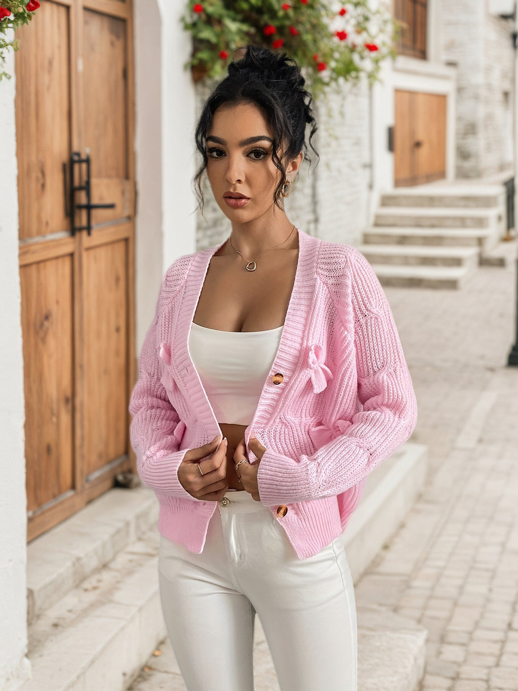 Cakulo Pink Bow-Tie Long-Sleeve Knitted Cardigan for Women - Chic Fitted Style with Geometric Patterns & V-neckline for Casual Layering