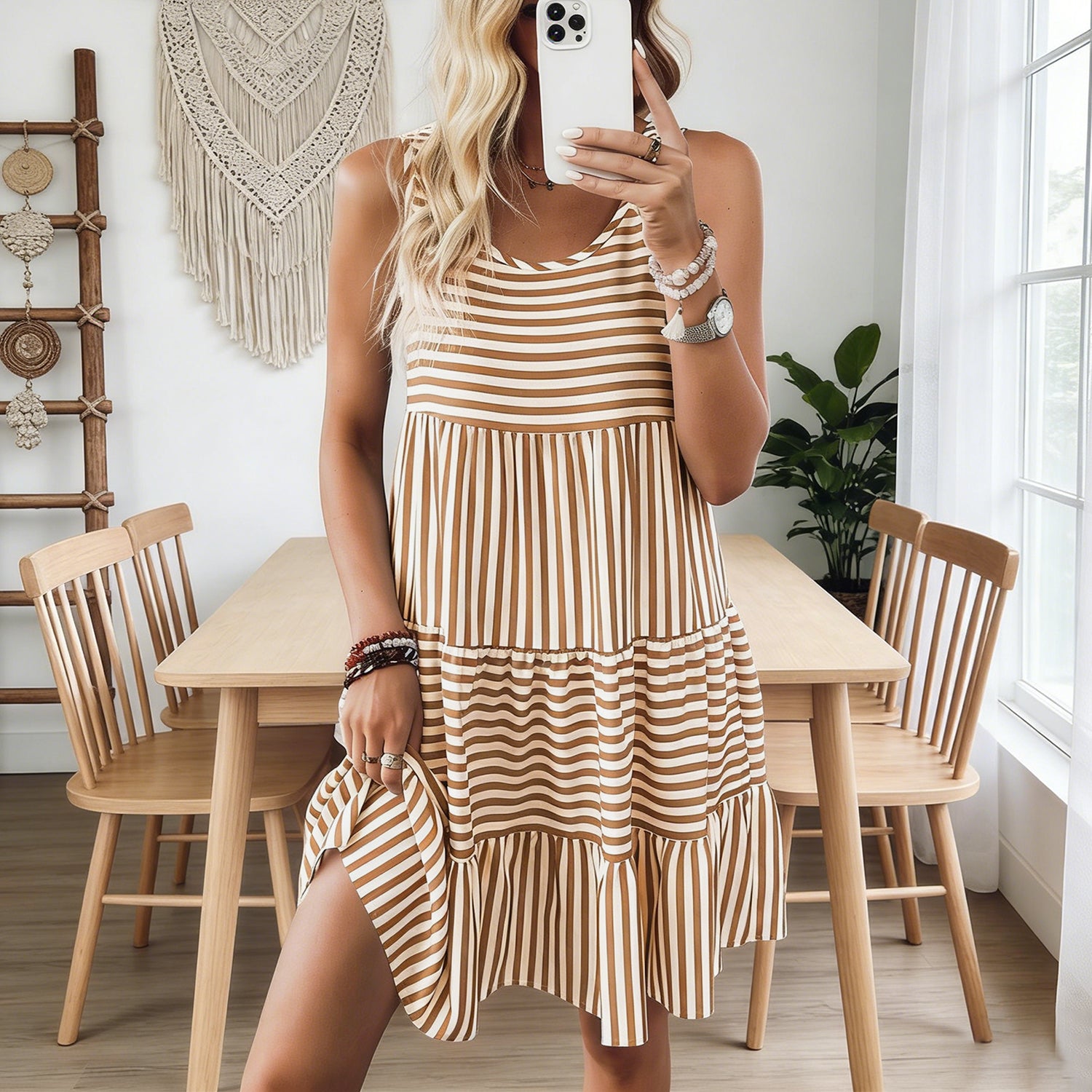 Cakulo Women's Striped Tiered Sleeveless Dress - Casual Flowy A Line Summer Midi Dress