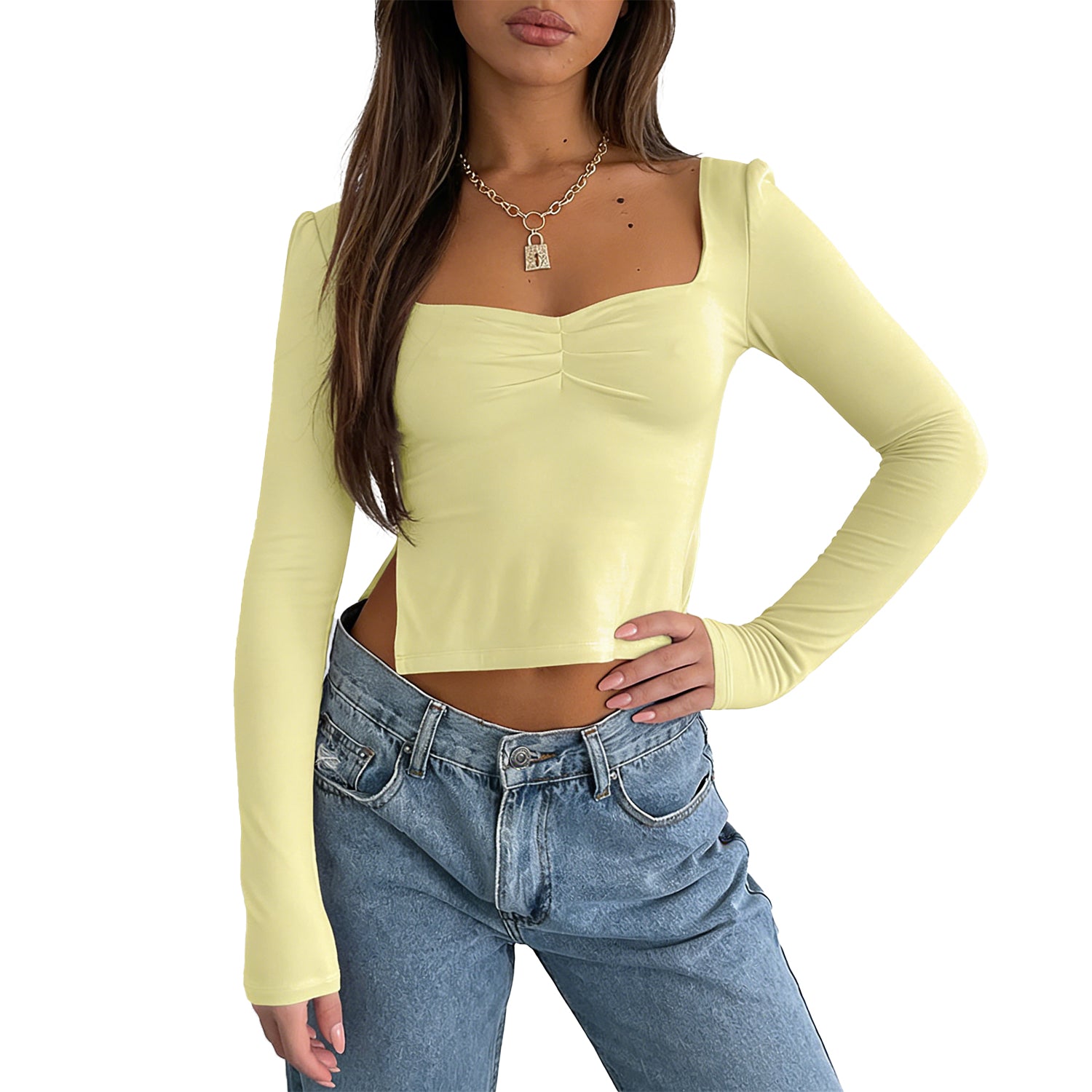 Cakulo Chic Y2K Black Crop Top for Women – Long Sleeve, Sweetheart Neckline, Ruched Slim-Fit Going-Out Shirt