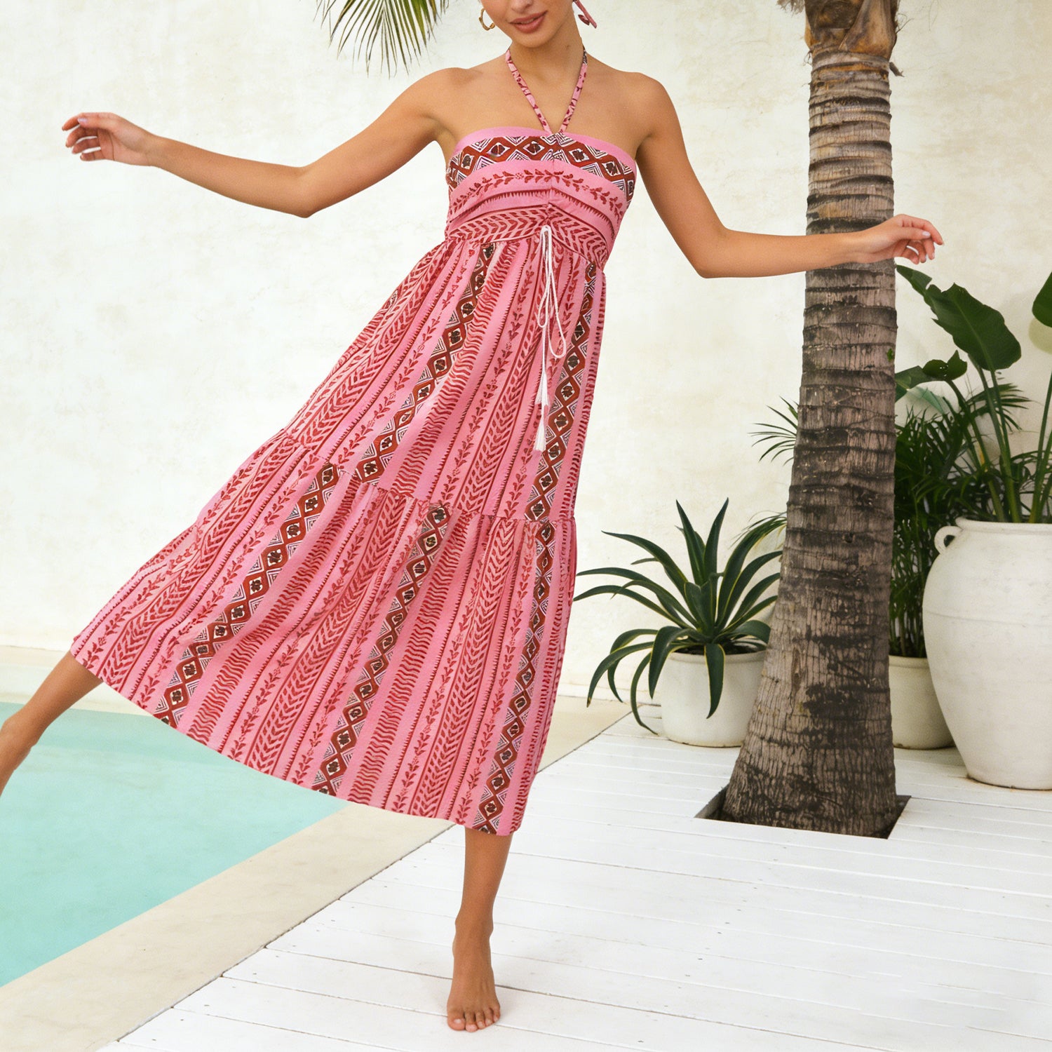 Cakulo Women's Boho Halter Neck Maxi Dress  Ethnic Print High Slit Drawstring Waist Beach Vacation Outfit