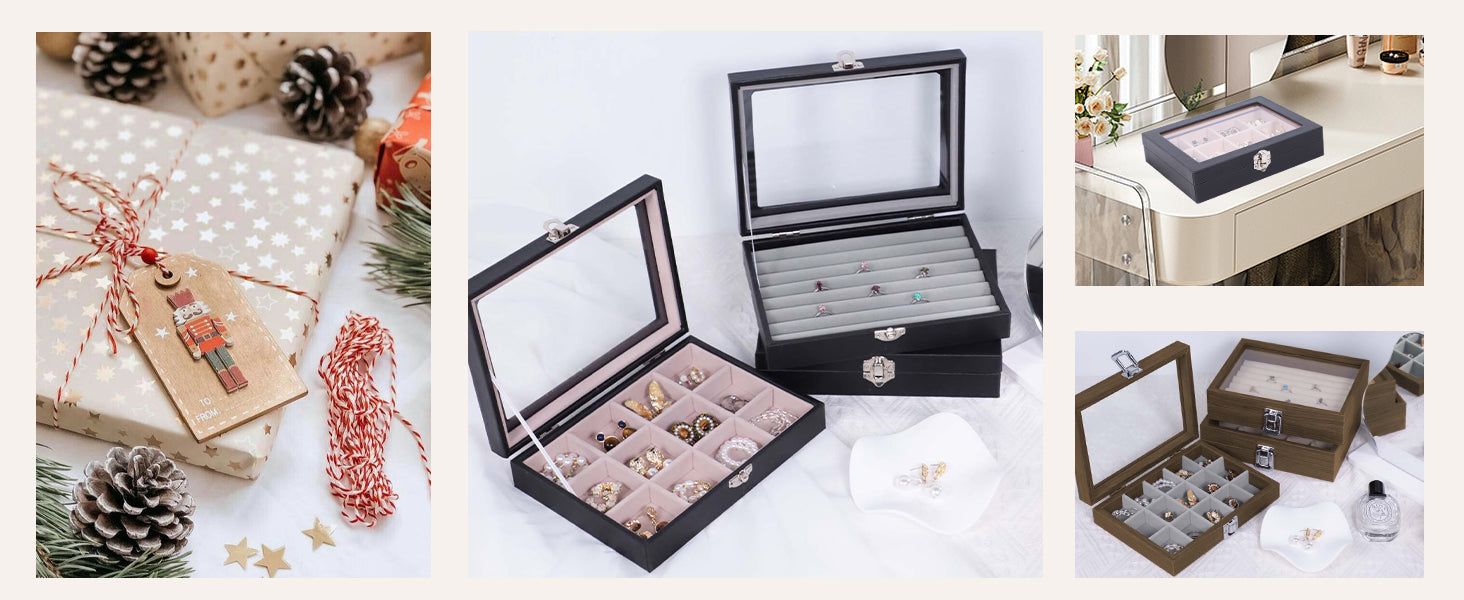 Cakulo Wood Ring Box Glass Lid Metal Clasp Velvet Lining – Jewelry Storage Display Tray
