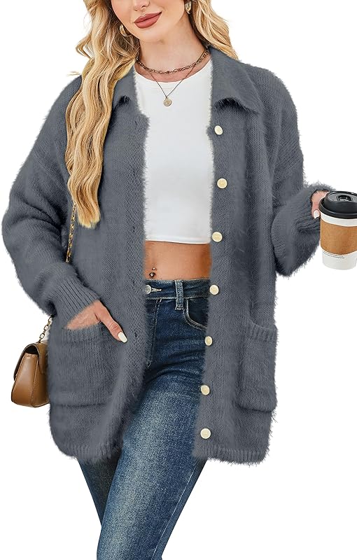 Cakulo Womens Oversized Fuzzy Collared Cardigan with Pockets for Fall/Winter