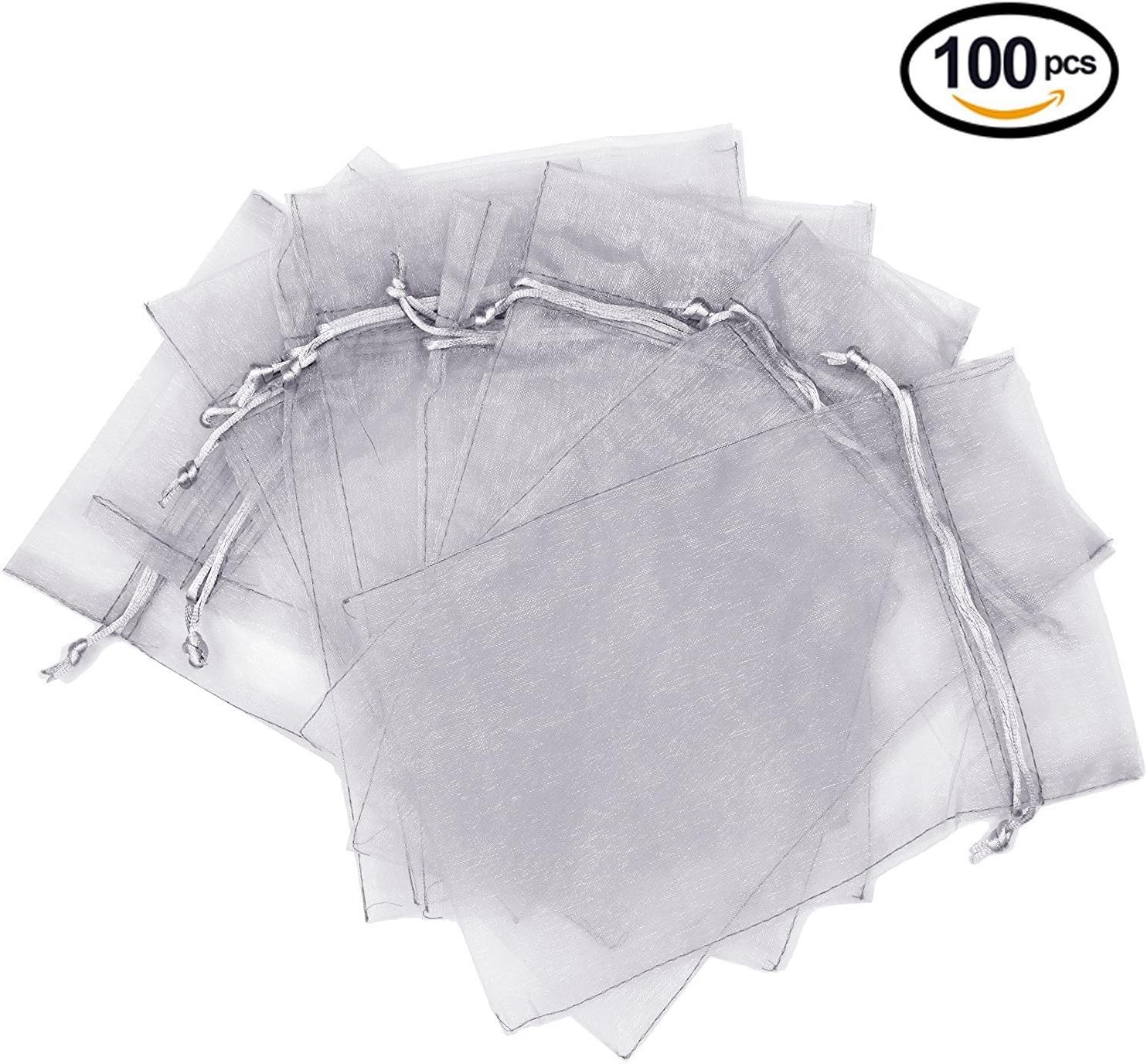 Cakulo 100pcs Grey Organza Bags 5x7in Drawstring Jewelry Party Wedding Favors