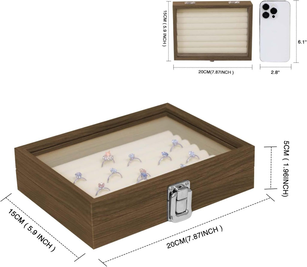 Cakulo Wood Ring Box Glass Lid Metal Clasp Velvet Lining – Jewelry Storage Display Tray