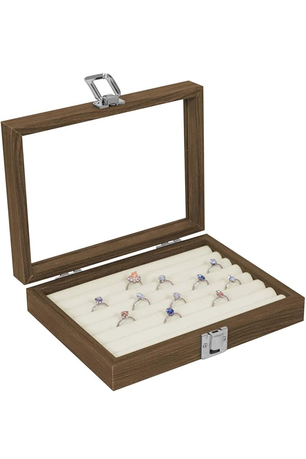 Cakulo Wood Ring Box Glass Lid Metal Clasp Velvet Lining – Jewelry Storage Display Tray
