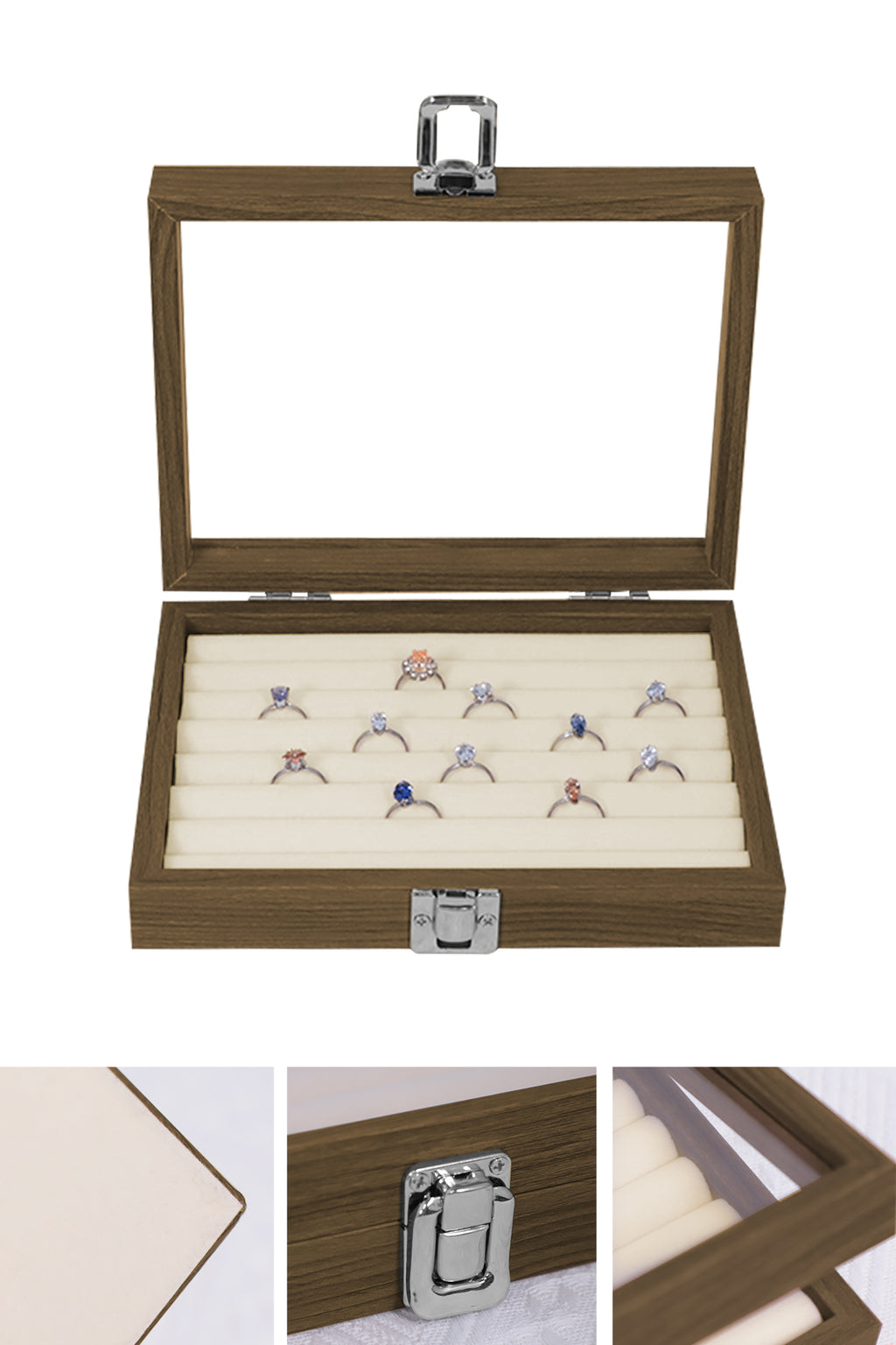 Cakulo Wood Ring Box Glass Lid Metal Clasp Velvet Lining – Jewelry Storage Display Tray