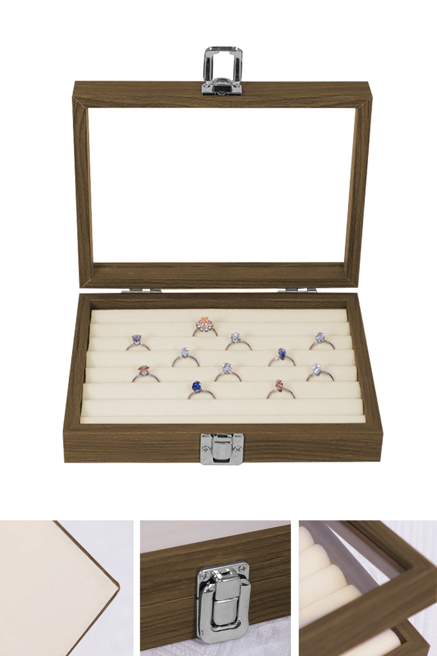 Cakulo Wood Ring Box Glass Lid Metal Clasp Velvet Lining – Jewelry Storage Display Tray