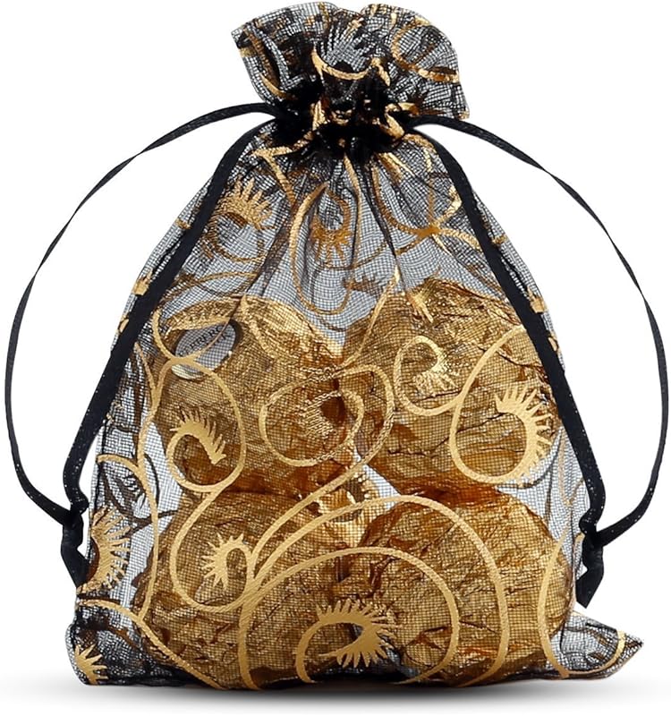 Cakulo 100pcs 4x6'' Black Organza Bags Eyelash Drawstring for Jewelry Candy Wedding