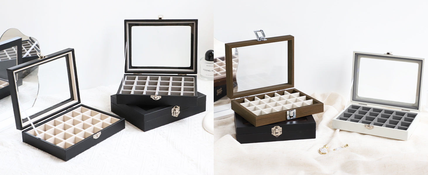 Cakulo 24 - Grid Jewelry Organizer Velvet Tray with Clear Lid Ring Earring Storage