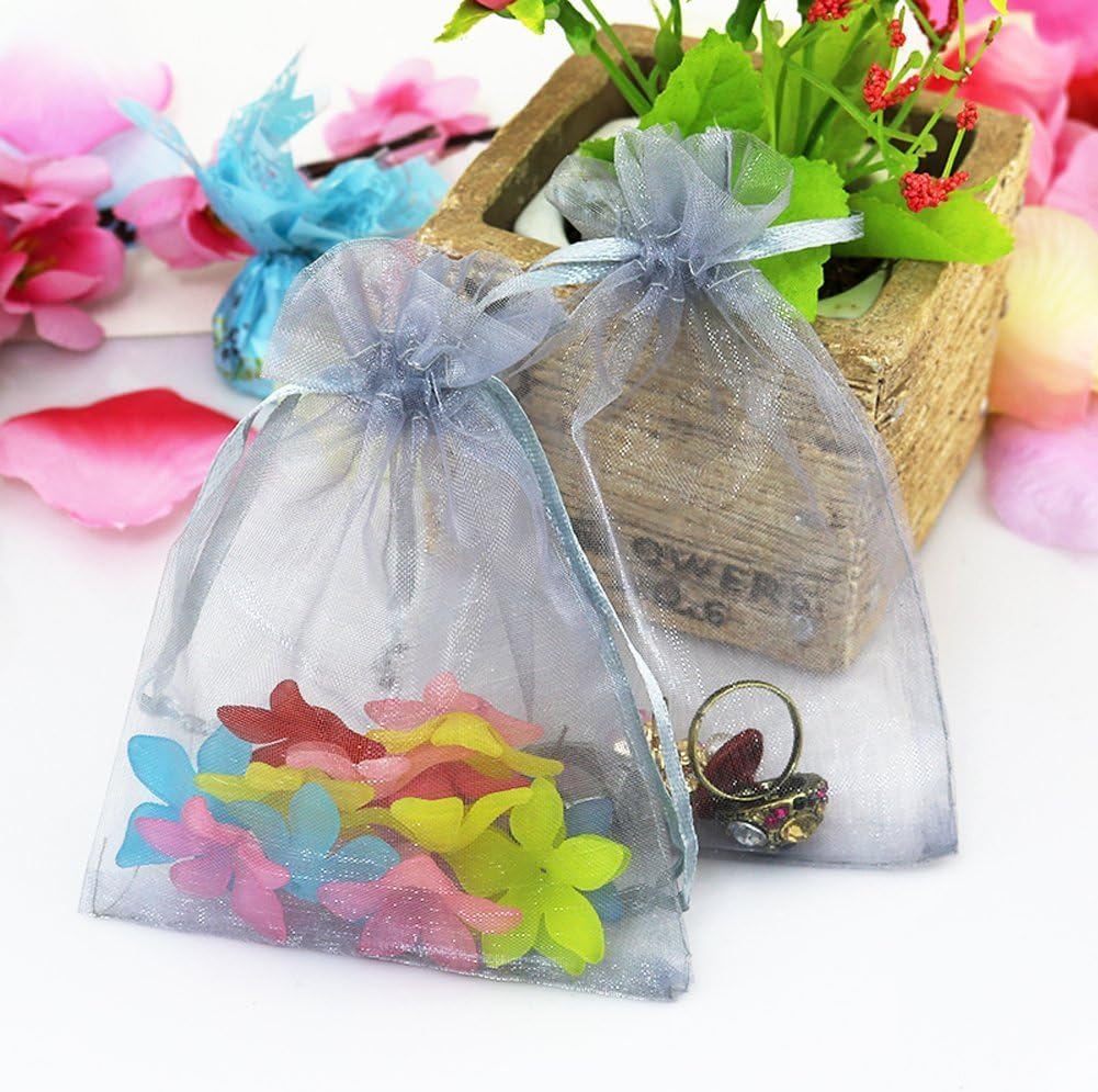 Cakulo 100pcs Grey Organza Bags 5x7in Drawstring Jewelry Party Wedding Favors