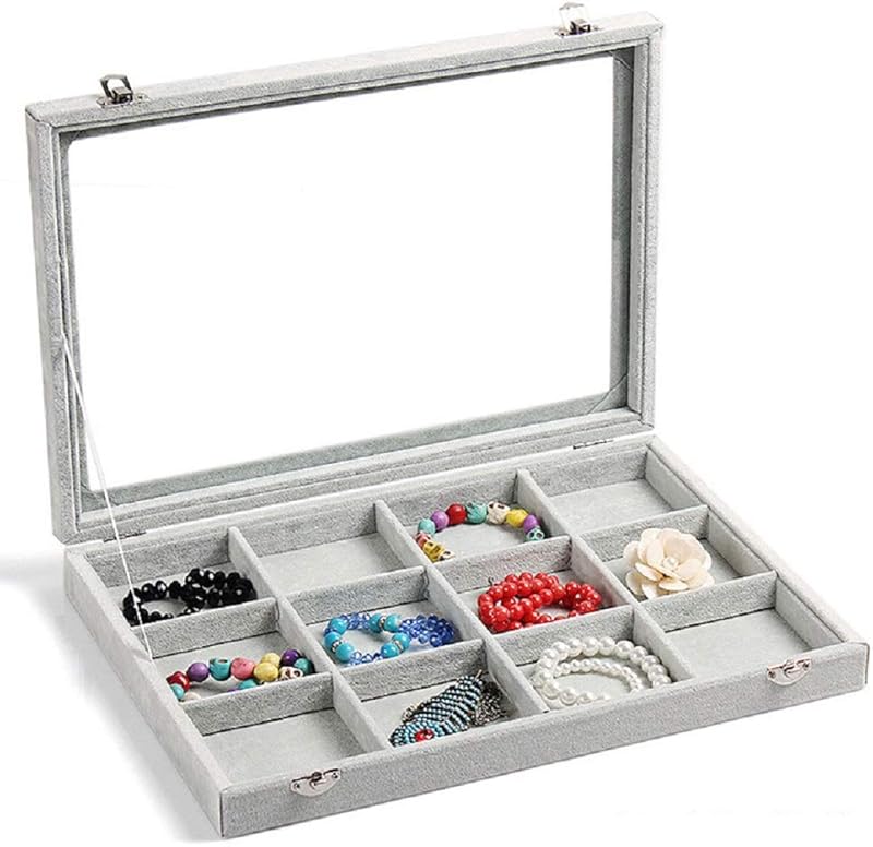 Velvet Jewelry Organizer Tray with Clear Lid Stores Bracelets Rings Earrings