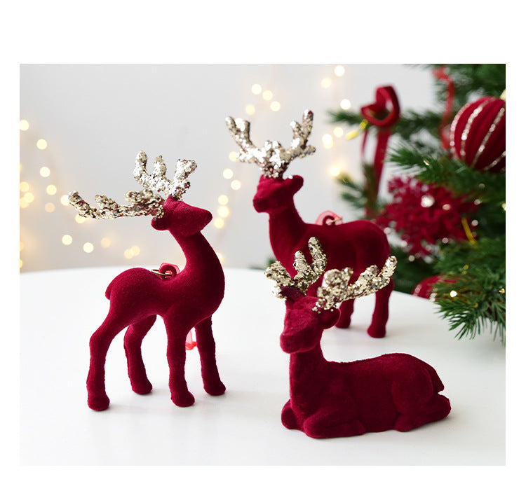 Christmas Decoration Reindeer Desktop Ornament Christmas Tree Decoration Hanging Decoration Glitter Wine Red Flocked Reindeer Pendant
