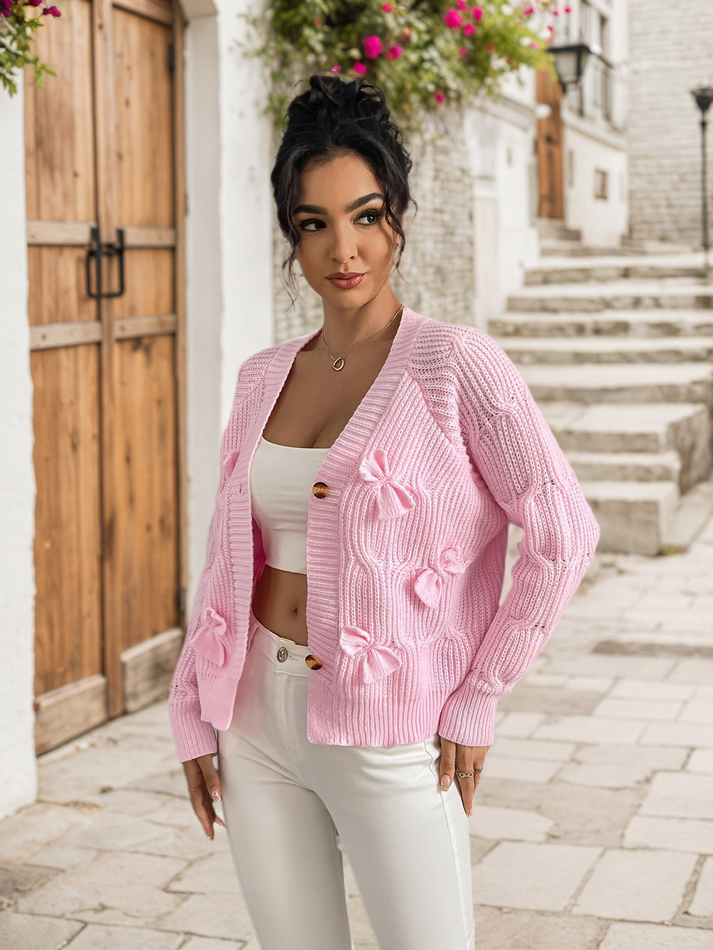 Cakulo Pink Bow-Tie Long-Sleeve Knitted Cardigan for Women - Chic Fitted Style with Geometric Patterns & V-neckline for Casual Layering