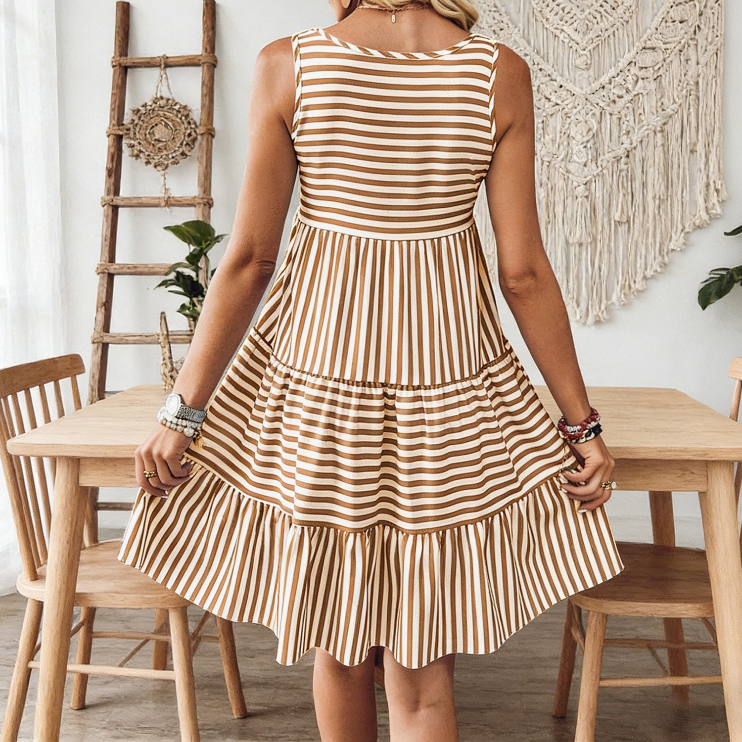 Cakulo Women's Striped Tiered Sleeveless Dress - Casual Flowy A Line Summer Midi Dress