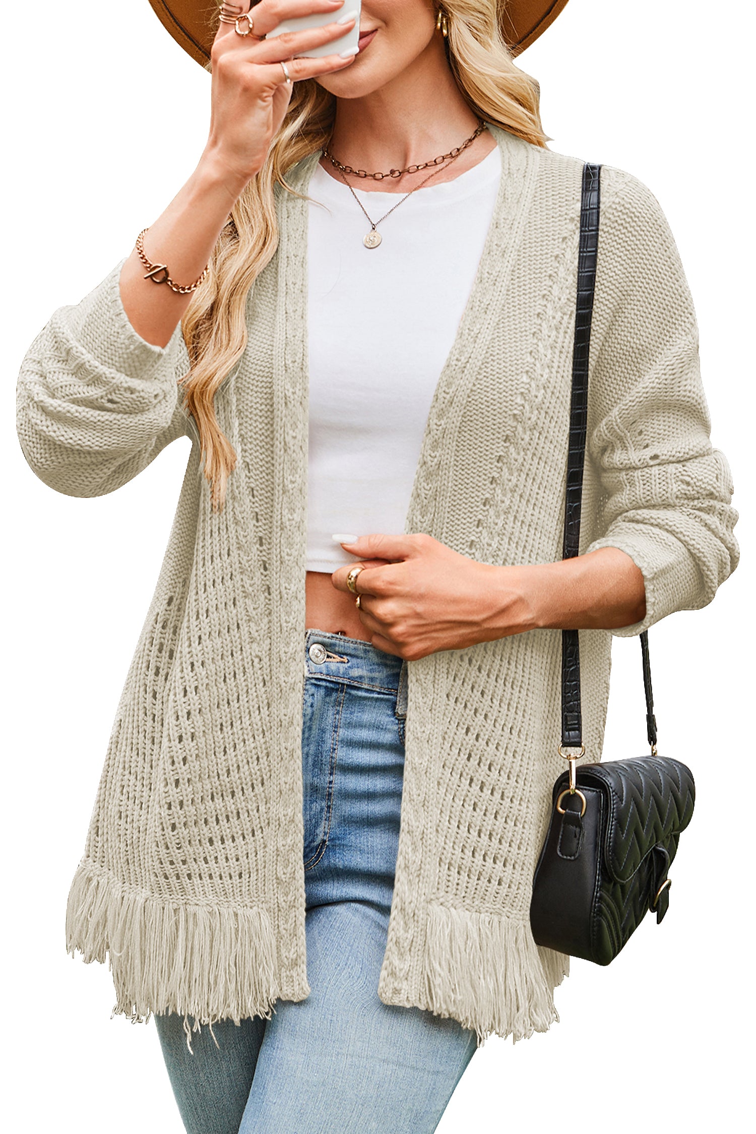 Cakulo Womens 2025 Crochet Fringe Cardigan: Lightweight, Open Front Kimono Knit