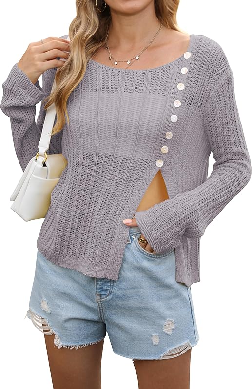CAKULO Womens Y2K Fall Split Hem Button Off - Shoulder Crochet Sweater