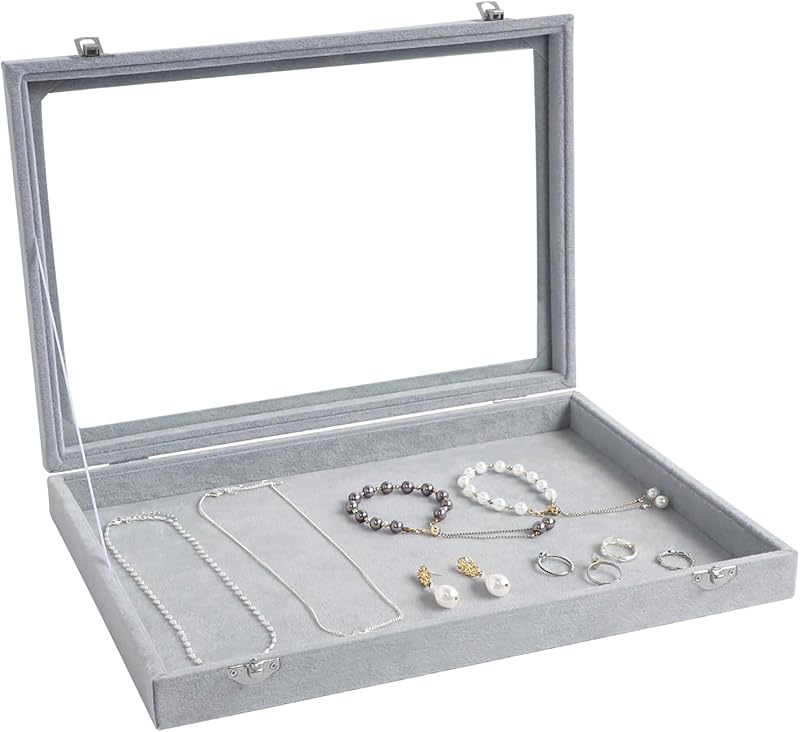 Cakulo Velvet Jewelry Organizer Tray with Clear Lid Stores Bracelets Rings Earrings