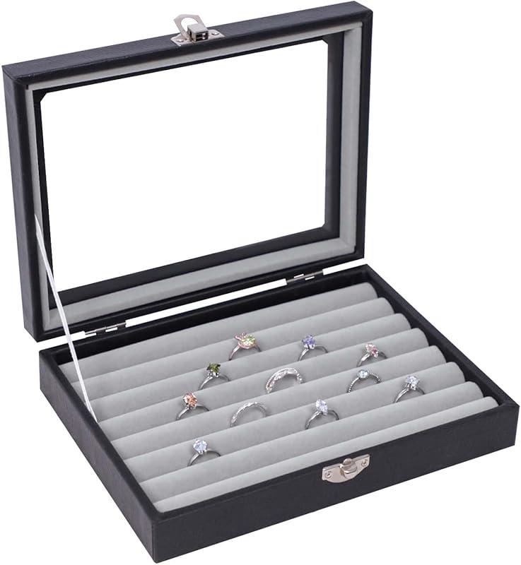 Cakulo Wood Ring Box Glass Lid Metal Clasp Velvet Lining – Jewelry Storage Display Tray