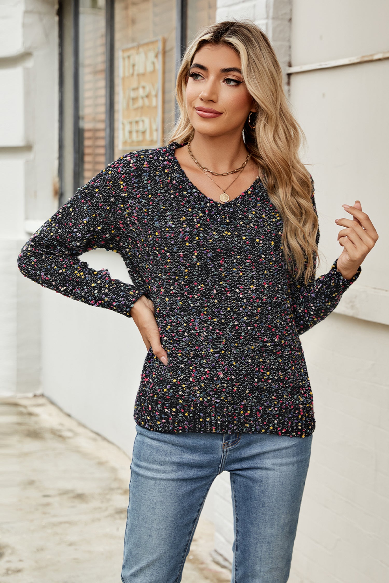 Cakulo Women's V-Neck Chunky Knit Pullover Sweater