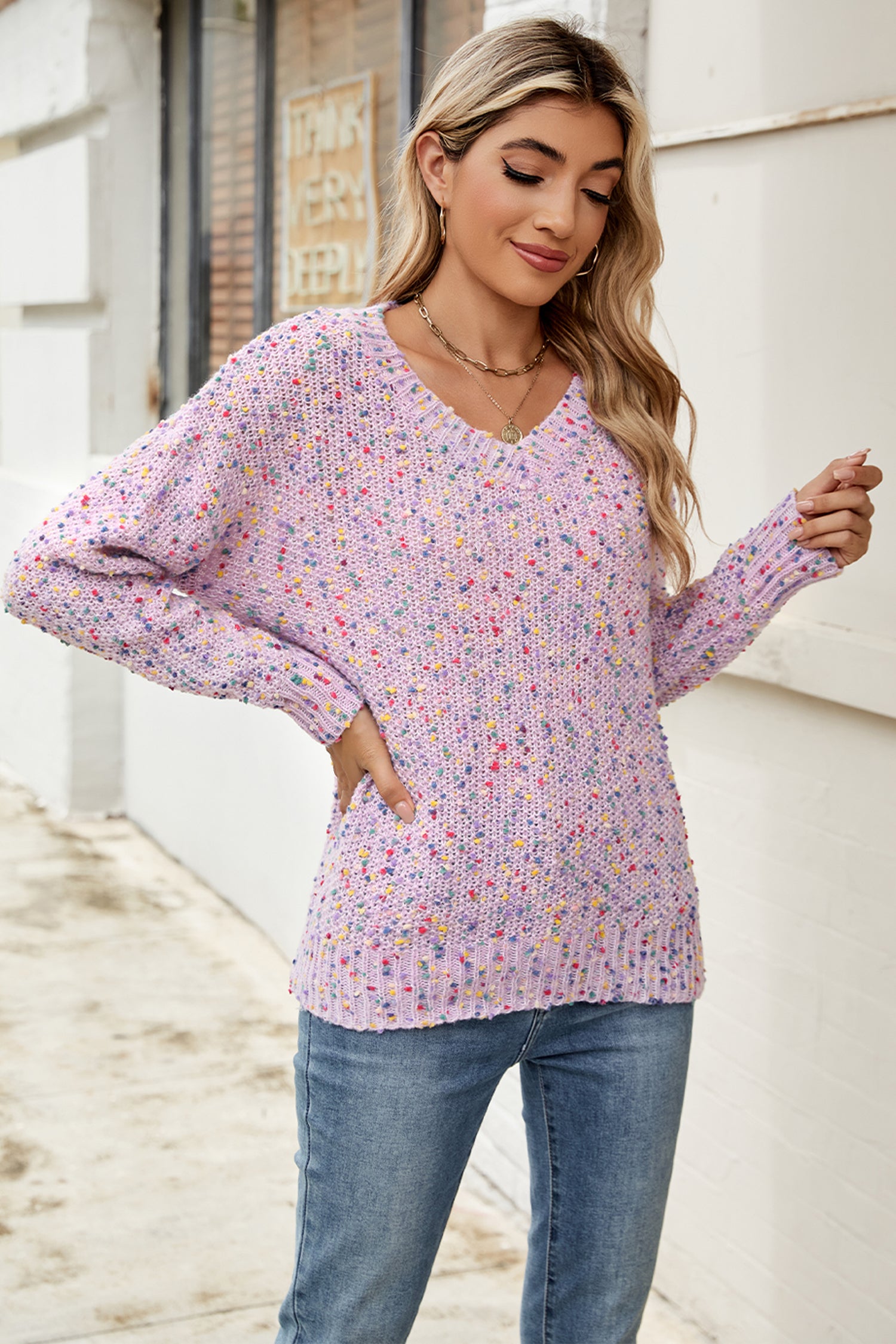 Cakulo Women's V-Neck Chunky Knit Pullover Sweater
