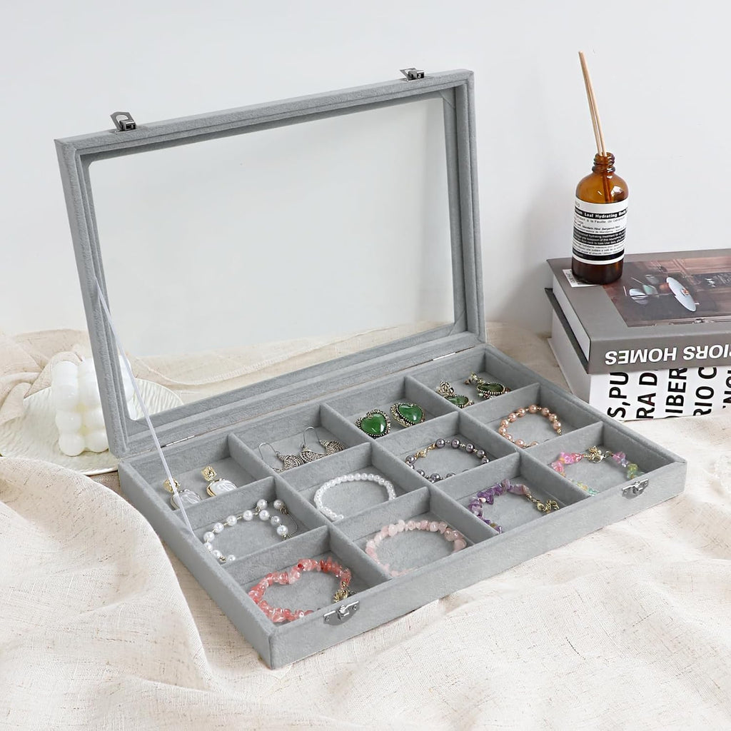 Cakulo Velvet Jewelry Organizer Tray with Clear Lid Stores Bracelets Rings Earrings