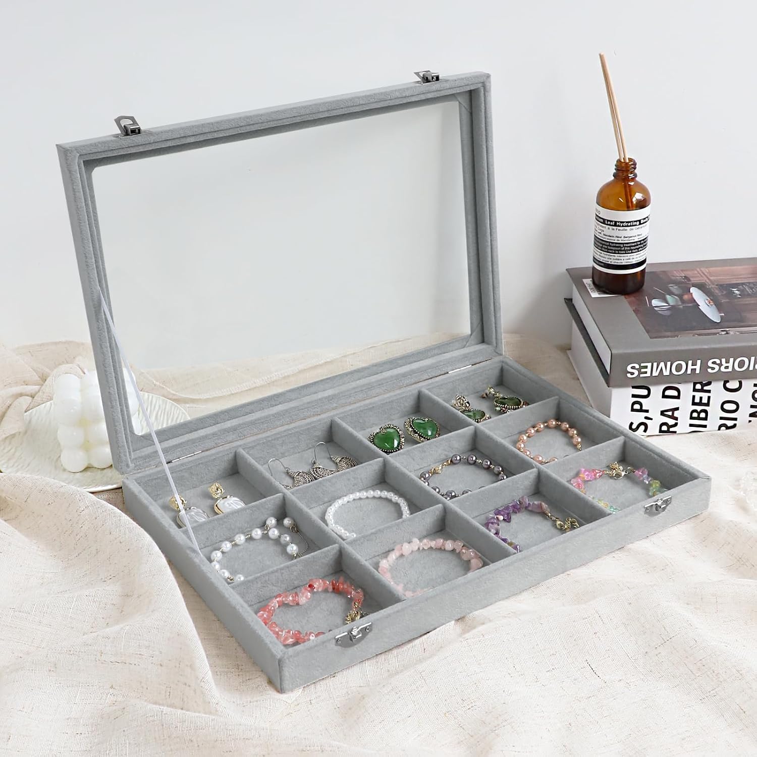 Cakulo Velvet Jewelry Organizer Tray with Clear Lid Stores Bracelets Rings Earrings