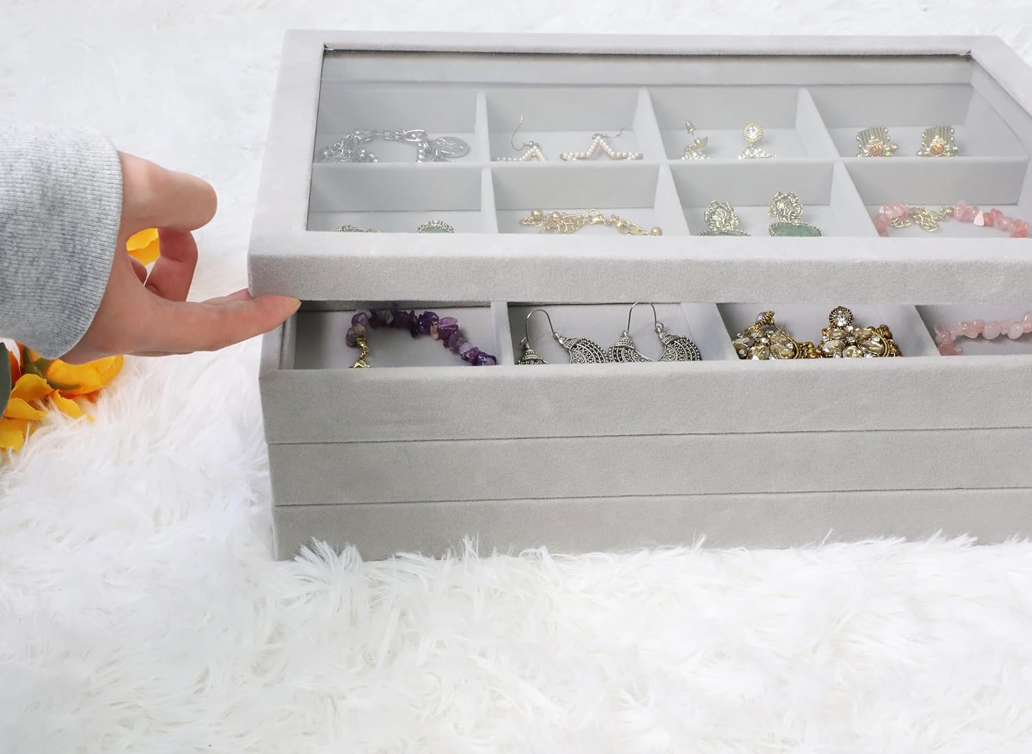 Cakulo Jewelry Organizer Set Velvet Tray with Lid Holds Rings Necklaces Bracelets