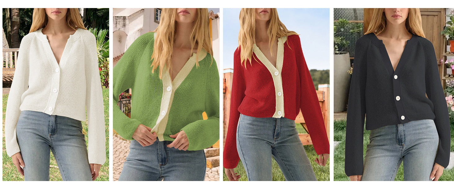 CAKULO Women Button V Neck Cardigan Sweater Contrast Knit Lightweight Long Sleeve Open Front Cropped Cardigans