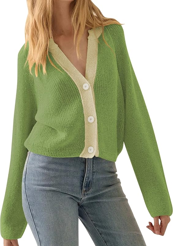 CAKULO Women Button V Neck Cardigan Sweater Contrast Knit Lightweight Long Sleeve Open Front Cropped Cardigans