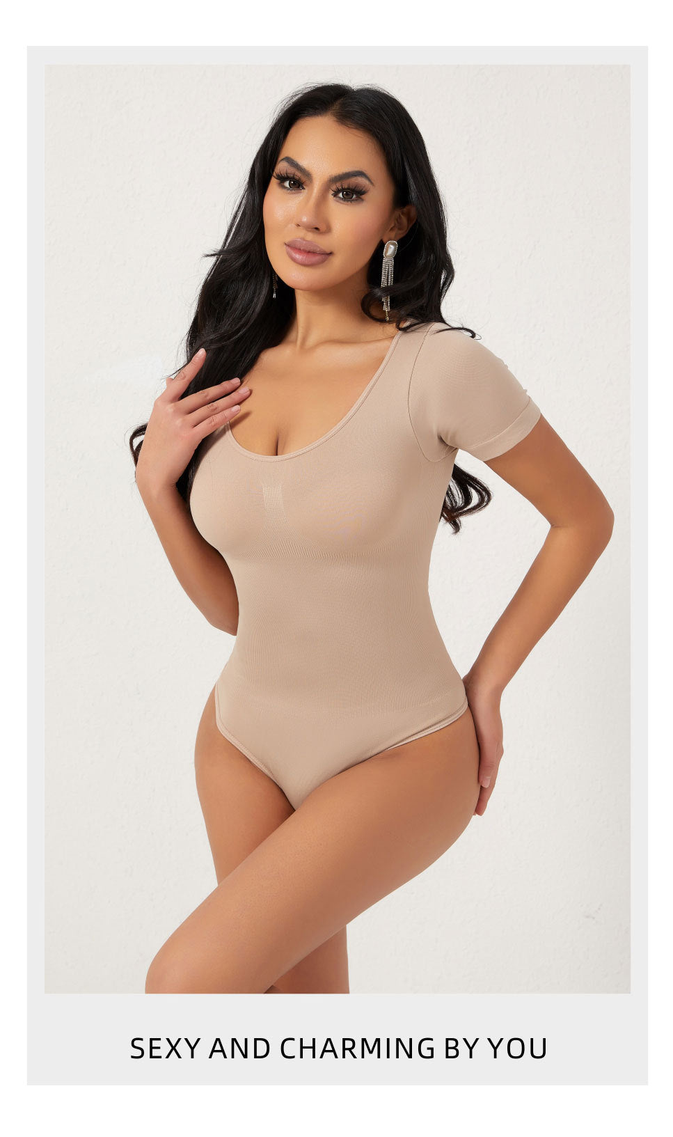 Cakulo Butt-Lifting Waist-Cinching Seamless Short-Sleeve Thong Shapewear Bodysuit