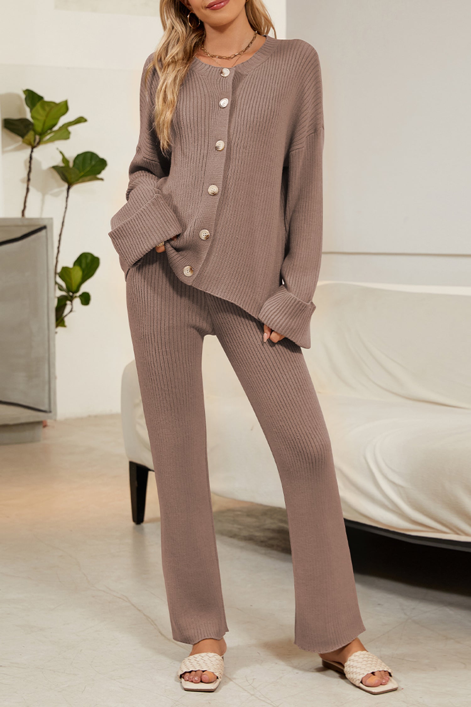 Cakulo Women's Loungewear Button Sweater & Wide Leg Pants