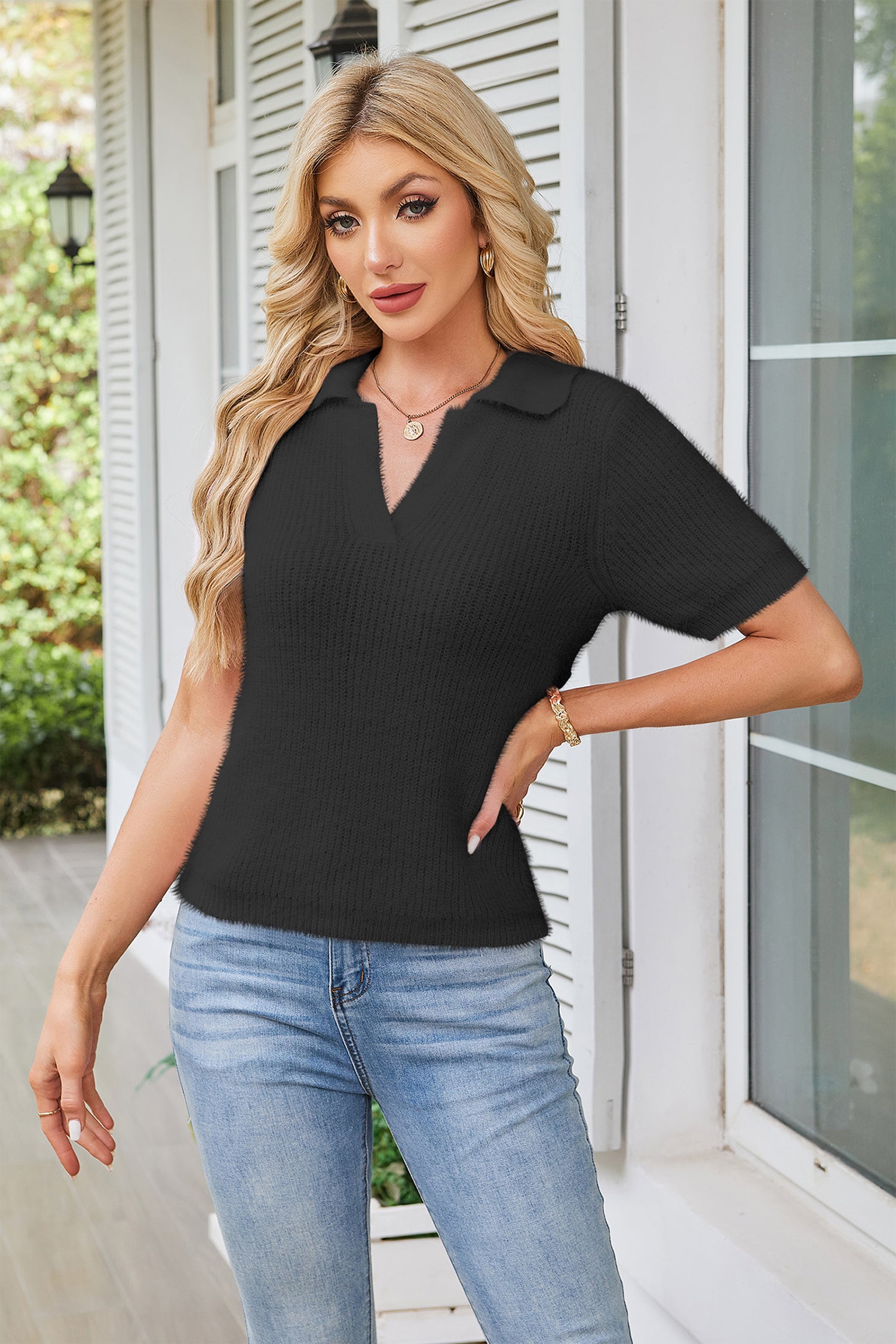 Cakulo Womens Fuzzy Cropped Short Sleeve V Neck Fall Sweaters Polo Collared Knit Pullover Sweater
