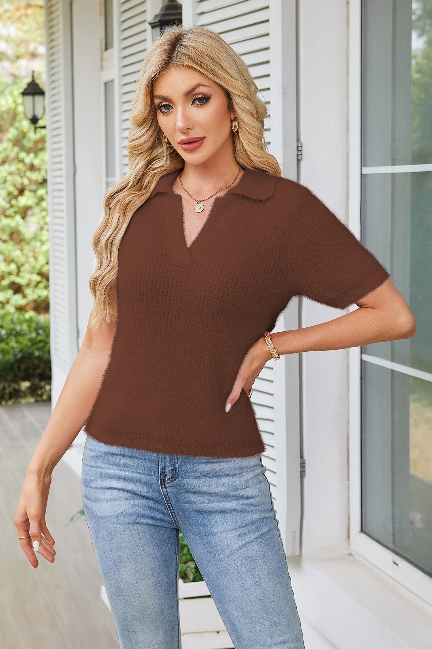 Cakulo Womens Fuzzy Cropped Short Sleeve V Neck Fall Sweaters Polo Collared Knit Pullover Sweater