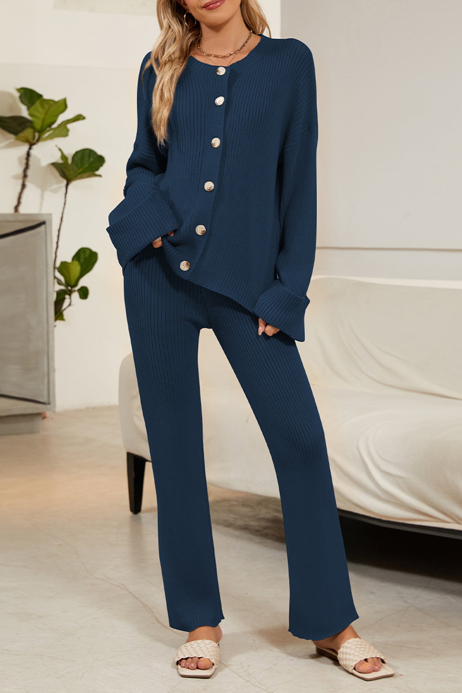 Cakulo Women's Loungewear Button Sweater & Wide Leg Pants