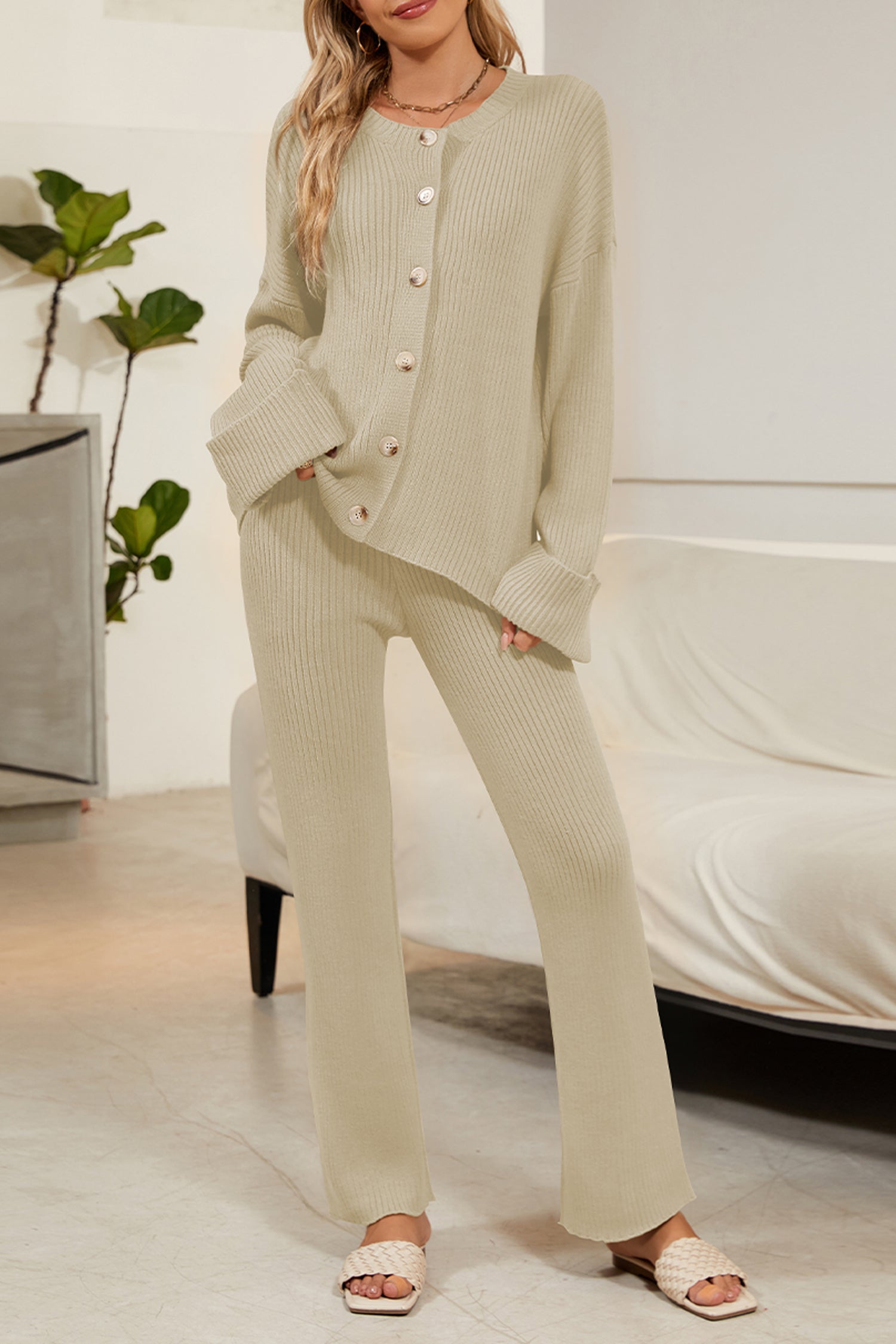 Cakulo Women's Loungewear Button Sweater & Wide Leg Pants