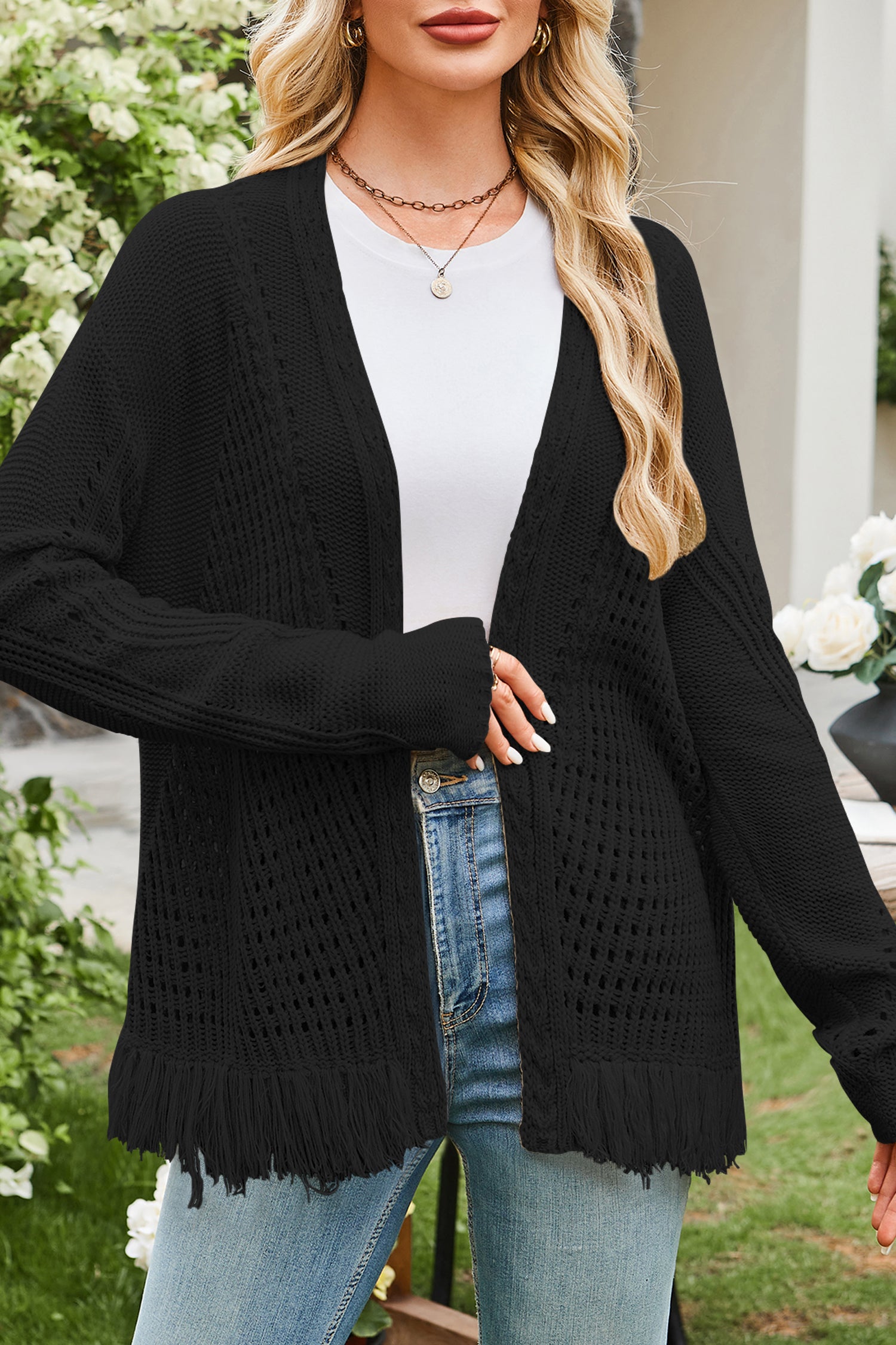 Cakulo Womens 2025 Crochet Fringe Cardigan: Lightweight, Open Front Kimono Knit