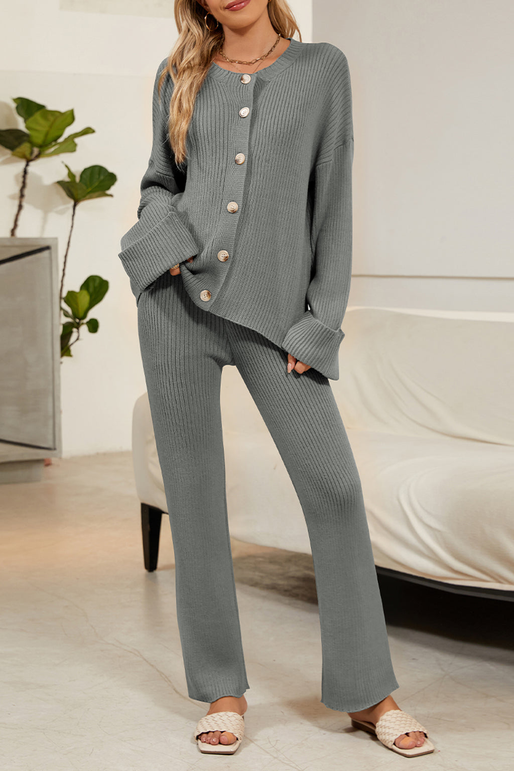 Cakulo Women's Loungewear Button Sweater & Wide Leg Pants