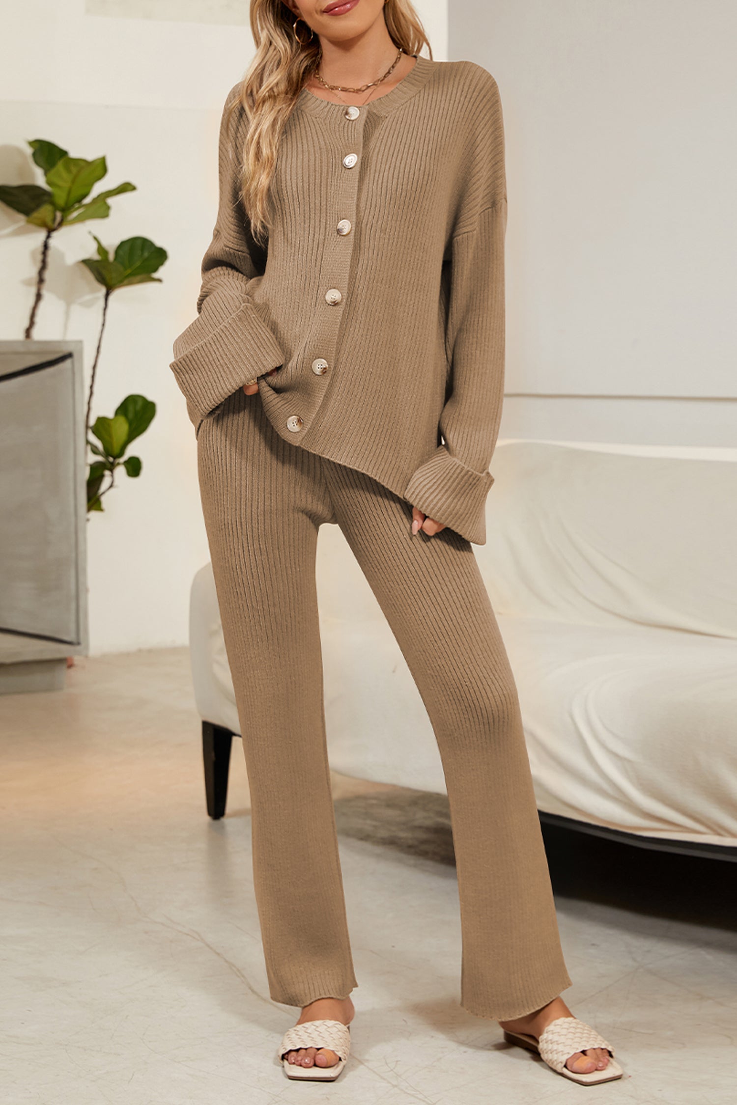 Cakulo Women's Loungewear Button Sweater & Wide Leg Pants