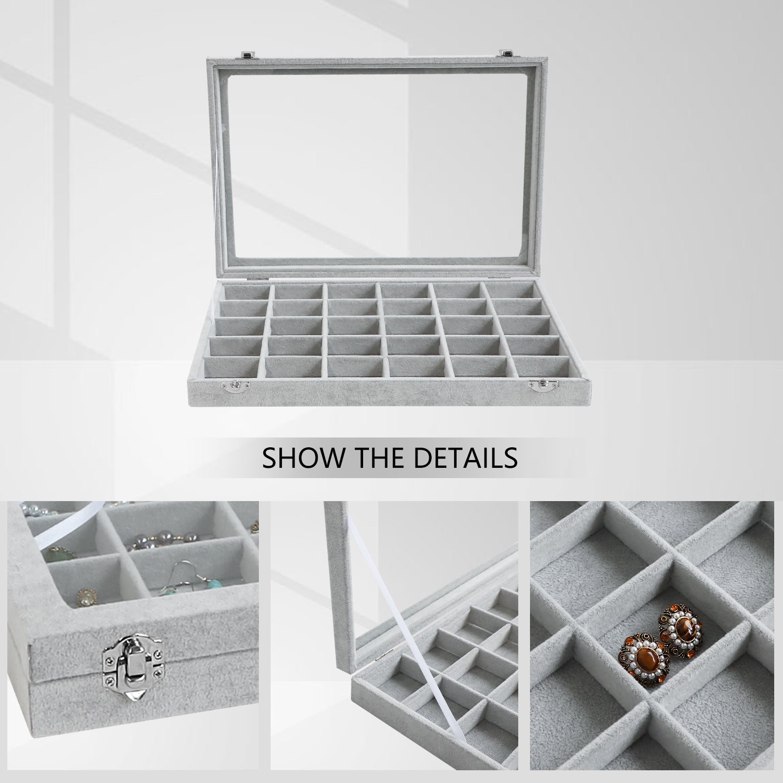 Cakulo Velvet Jewelry Organizer Tray with Clear Lid Stores Bracelets Rings Earrings