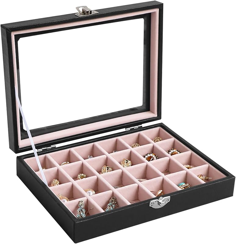 Cakulo 24 - Grid Jewelry Organizer Velvet Tray with Clear Lid Ring Earring Storage