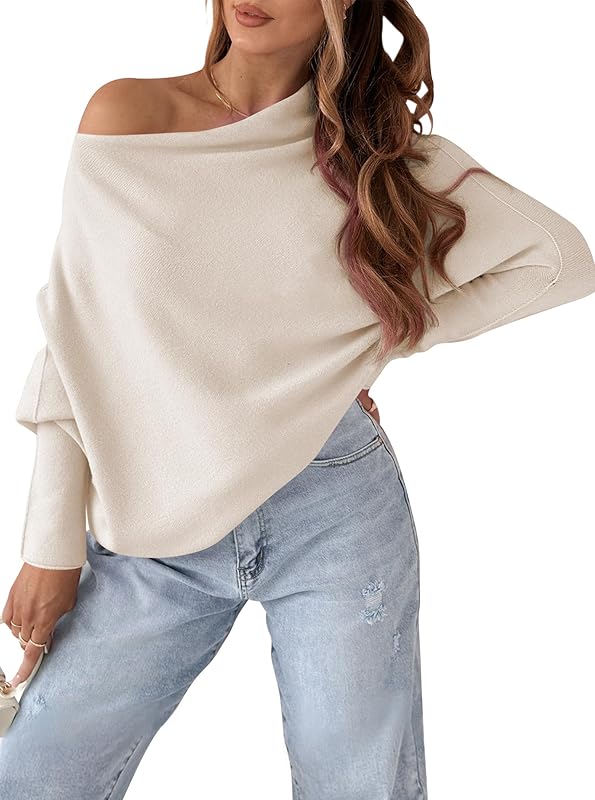 Cakulo Womens Off - The - Shoulder Lightweight Oversized Knit Pullover, Ideal for Fall Looks